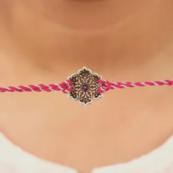 Oxidised Silver Pink Flower Rakhi