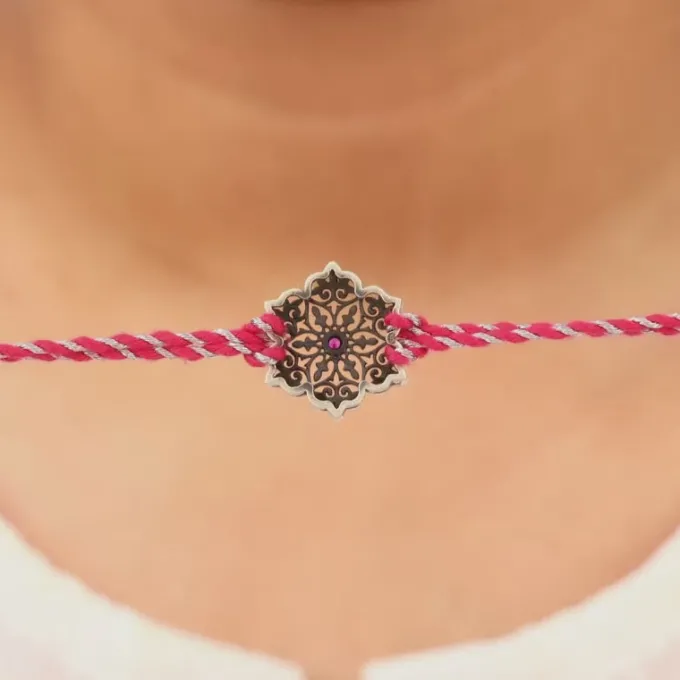 Oxidised Silver Pink Flower Rakhi