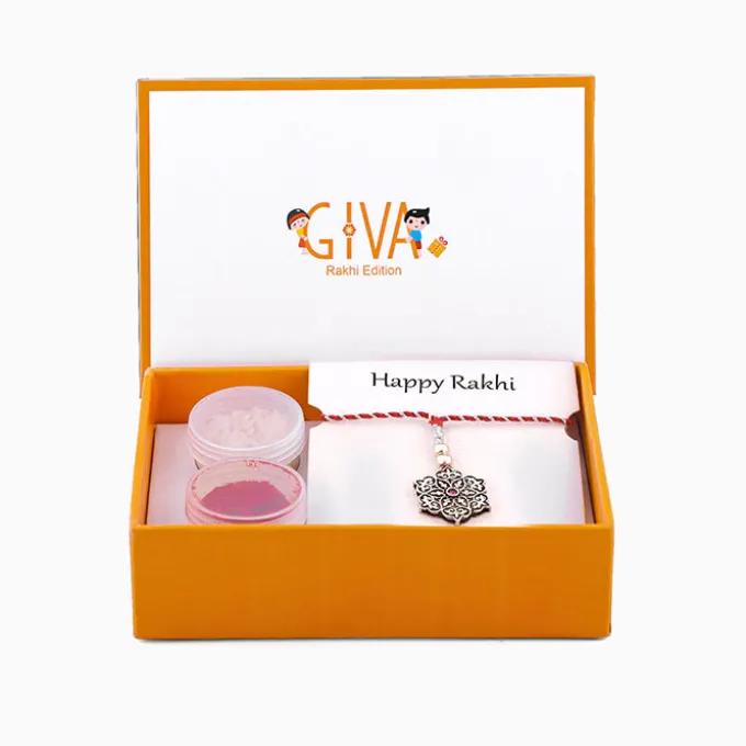 Oxidised Silver Pink Pop Flower Lumba Rakhi