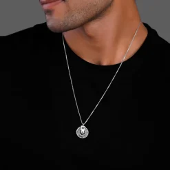 Oxidised Silver Zodiac Spin Pendant With Box Chain For Him