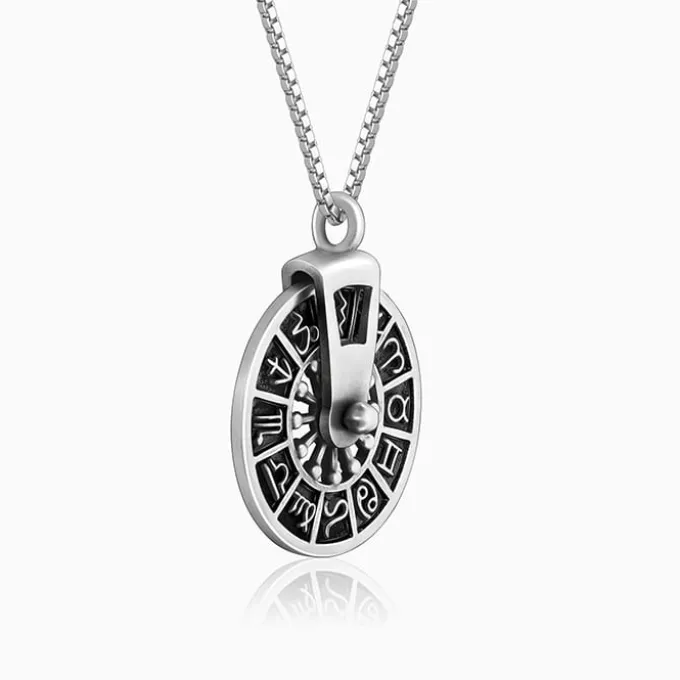 Oxidised Silver Zodiac Spin Pendant With Box Chain For Him