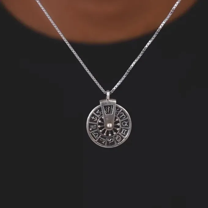 Oxidised Silver Zodiac Spin Pendant With Box Chain For Him