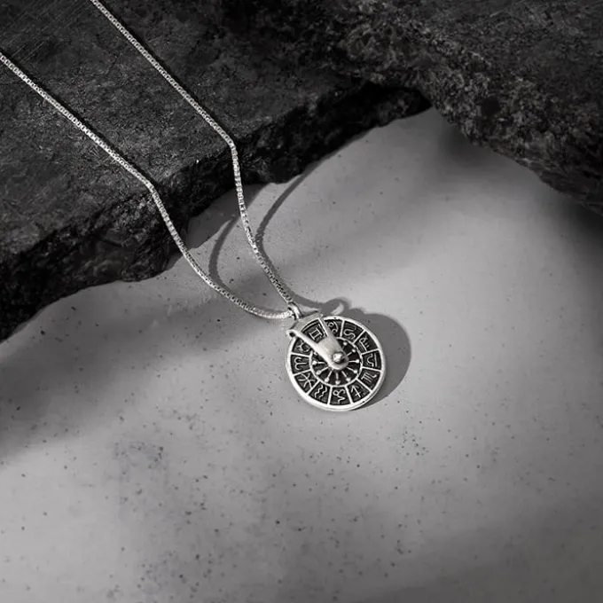 Oxidised Silver Zodiac Spin Pendant With Box Chain For Him