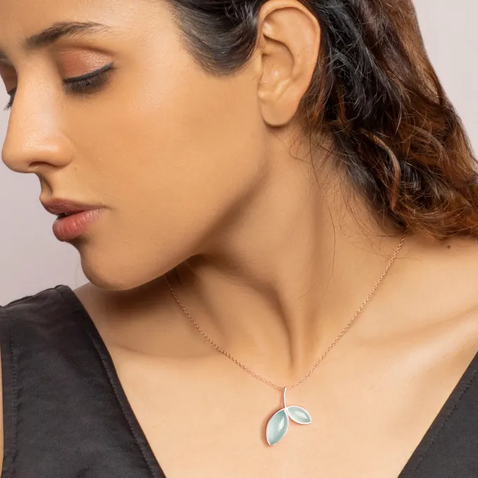 Rose Gold Aqua Dual Chalcedony Leaf Pendant