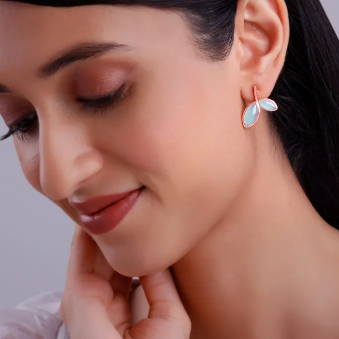 Rose Gold Aqua Dual Chalcedony Leaf Studs