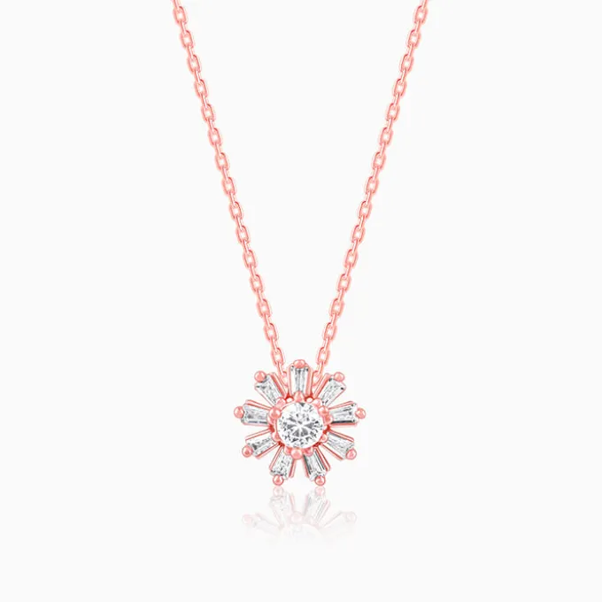 Rose Gold Baguette Flower Pendant with Link Chain