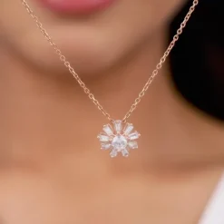 Rose Gold Baguette Flower Pendant with Link Chain