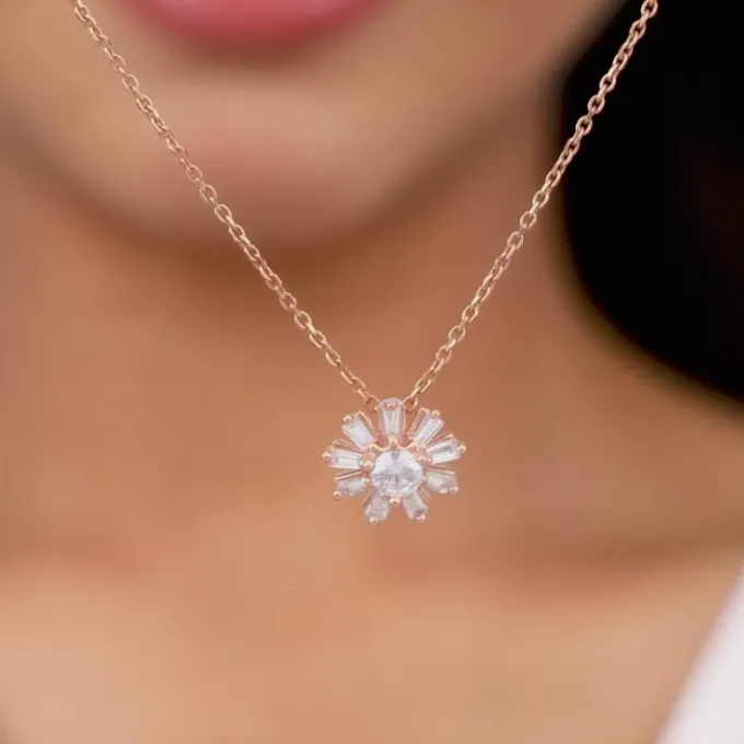 Rose Gold Baguette Flower Pendant with Link Chain
