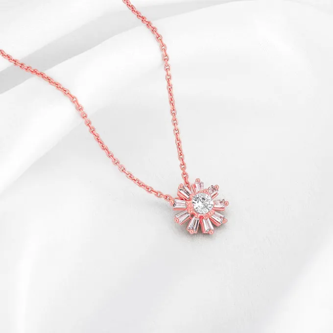 Rose Gold Baguette Flower Pendant with Link Chain