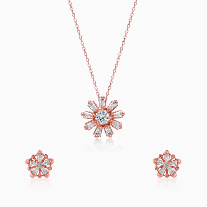 Rose Gold Baguette Flower Set with Link Chain