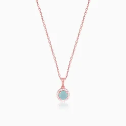 Rose Gold Blue Halo Pendant With Link Chain