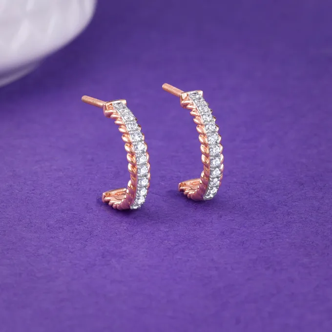 Rose Gold Braided J Hoop Lab Grown Diamond Earrings