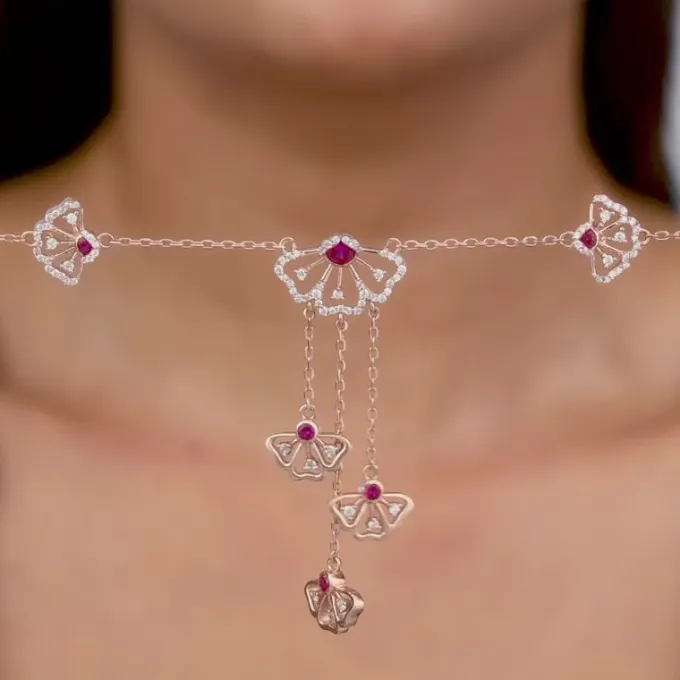 Rose Gold Brilliant Red Eyebright Trio Necklace