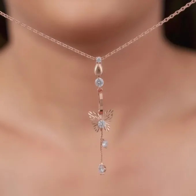 Rose Gold Charming Butterfly Pendant with Link Chain