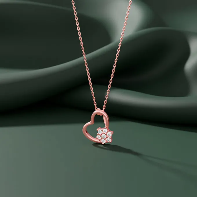 Rose Gold Floral Heart Pendant With Link Chain