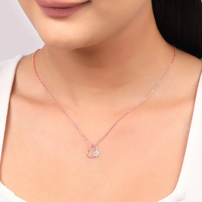 Rose Gold Floral Heart Pendant With Link Chain