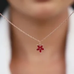 Rose Gold Floral Red Pendant with Link Chain