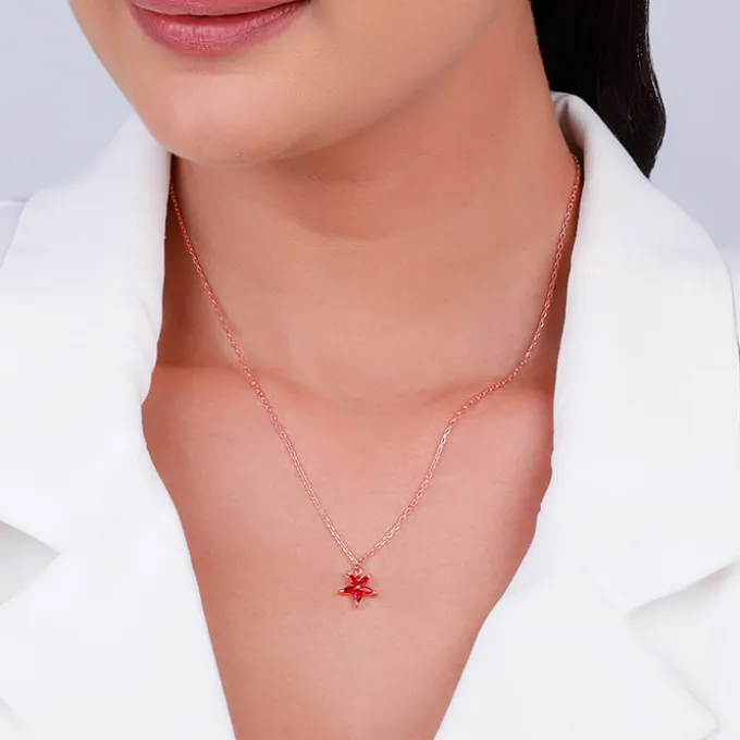 Rose Gold Floral Red Pendant with Link Chain