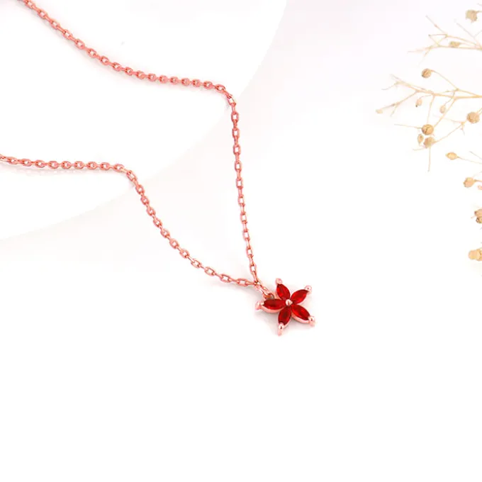 Rose Gold Floral Red Pendant with Link Chain