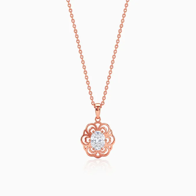 Rose Gold Floral Solitaire Pendant With Link Chain