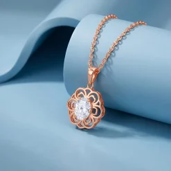 Rose Gold Floral Solitaire Pendant With Link Chain