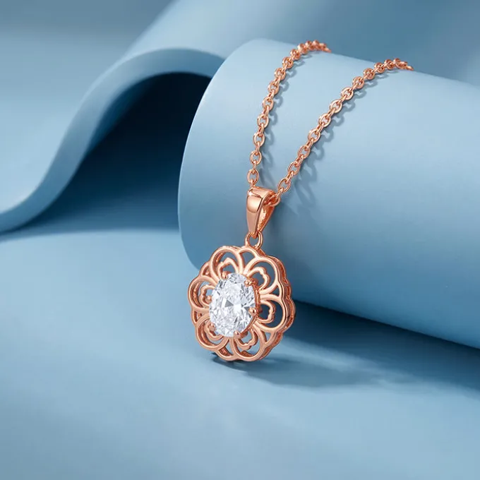 Rose Gold Floral Solitaire Pendant With Link Chain