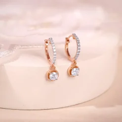 Rose Gold Glittering Solitaire Diamond Drop Earrings