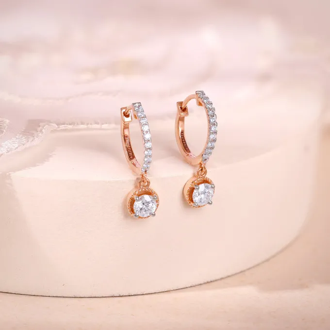 Rose Gold Glittering Solitaire Diamond Drop Earrings