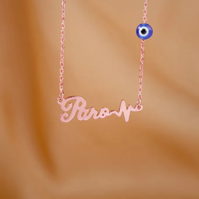 Rose Gold Personalised Evil Eye Heartbeat Necklace