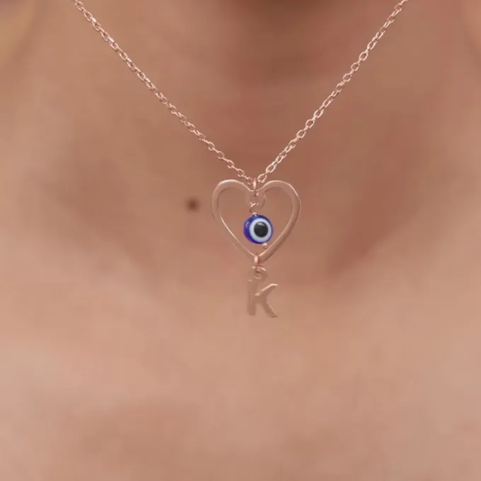 Rose Gold Personalised Evil Eye Heart Initial Pendant