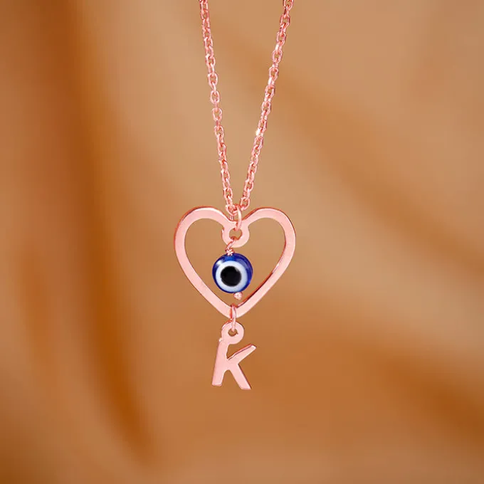 Rose Gold Personalised Evil Eye Heart Initial Pendant
