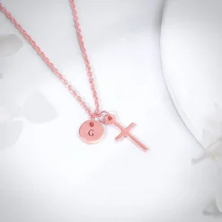 Rose Gold Personalised Halo Cross Pendant With Link Chain