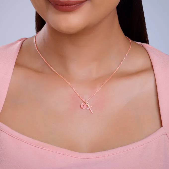 Rose Gold Personalised Halo Cross Pendant With Link Chain