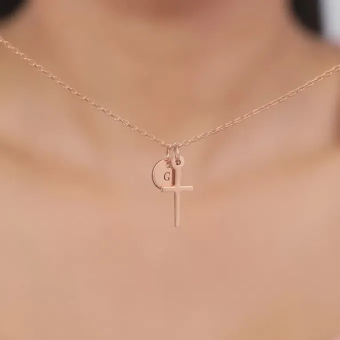 Rose Gold Personalised Halo Cross Pendant With Link Chain