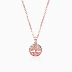 Rose Gold Rainbow Tree of Life Pendant with Link Chain