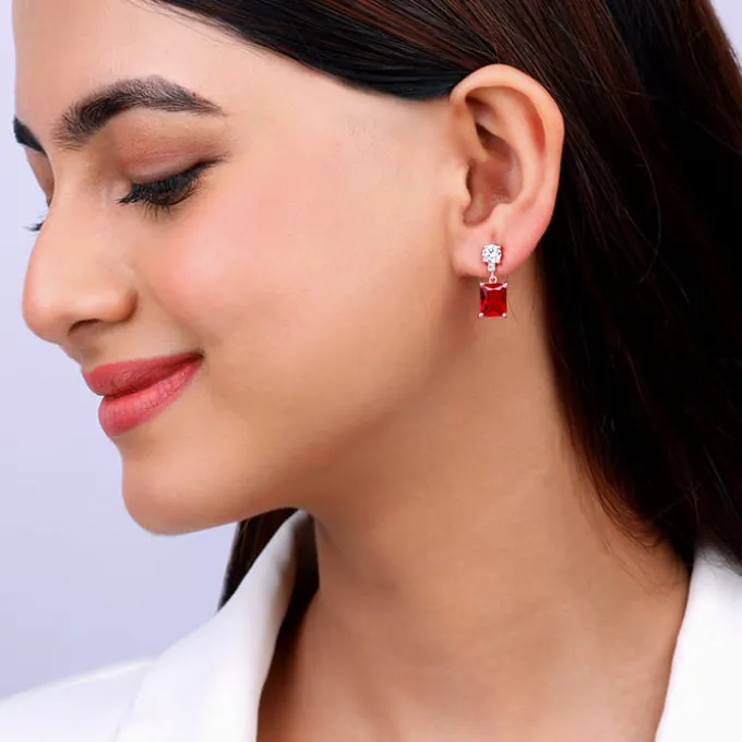 Rose Gold Red Baguette Earrings