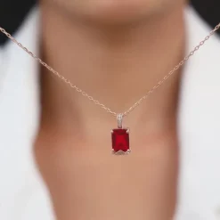 Rose Gold Red Baguette Pendant with Link Chain