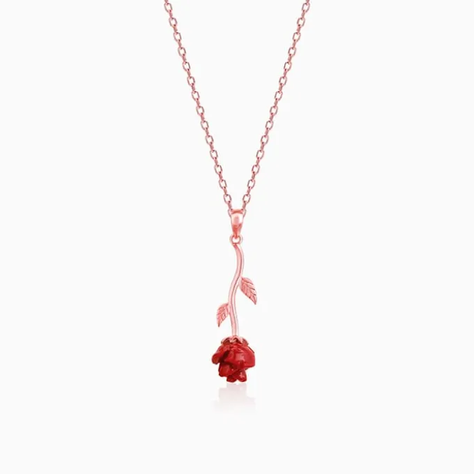 Rose Gold Red Rose Pendant with Link Chain