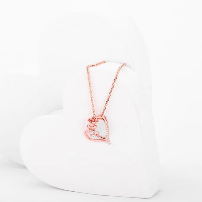 Rose Gold Rose In Heart Pendant with Link Chain