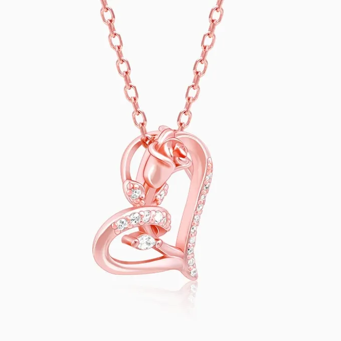 Rose Gold Rose In Heart Pendant with Link Chain