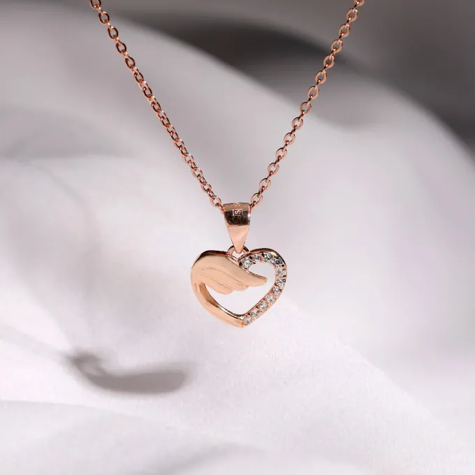 Rose Gold Winged Heart Pendant with Link Chain