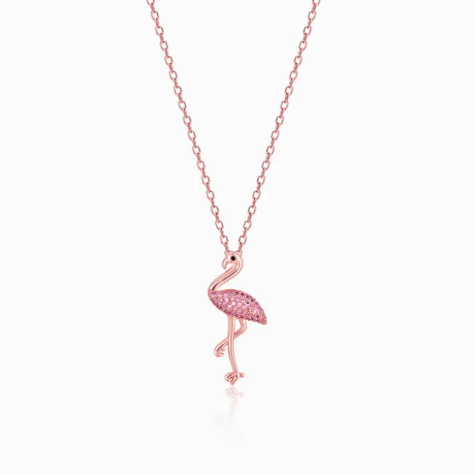 Rose Gold Zircon Flamingo Pendant with Link Chain