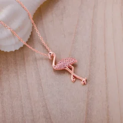 Rose Gold Zircon Flamingo Pendant with Link Chain