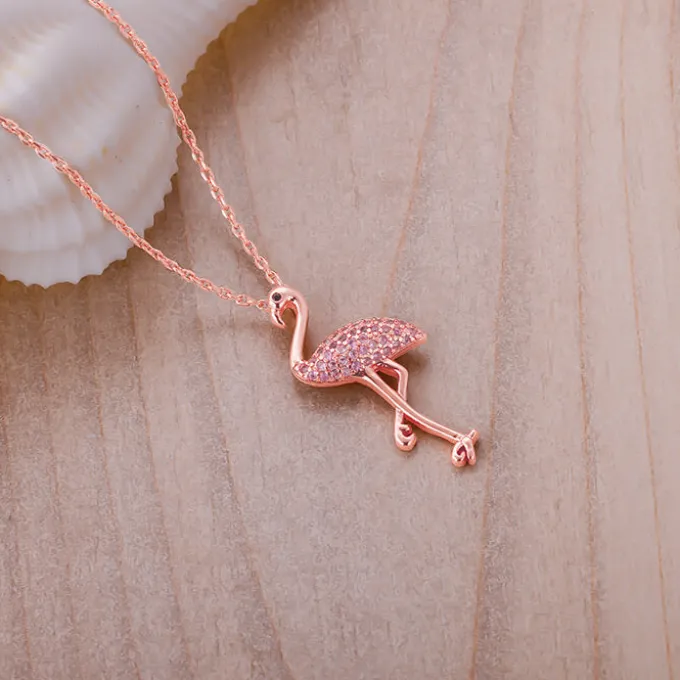 Rose Gold Zircon Flamingo Pendant with Link Chain