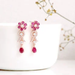 Rose Gold Zircon Pink Flower Drop Danglers