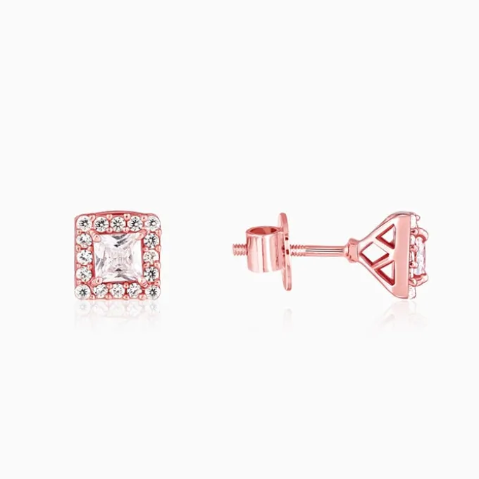 Rose Gold Zircon Square Halo Earrings