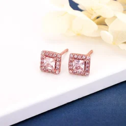 Rose Gold Zircon Square Halo Earrings