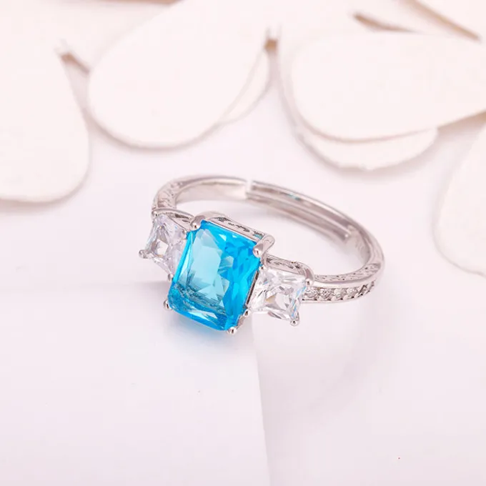 Silver Aqua Blue Baguette Ring