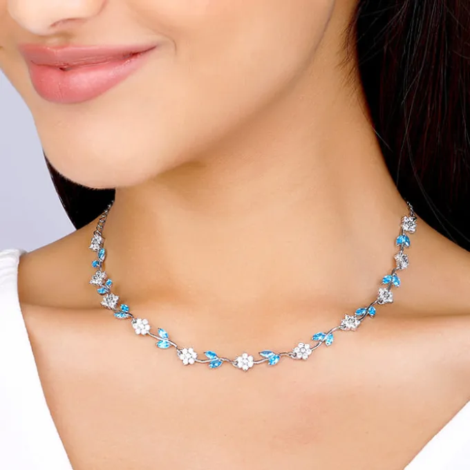 Silver Aqua Blue Floral Necklace
