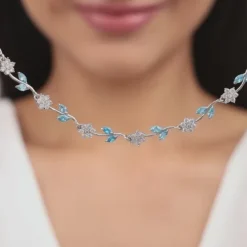 Silver Aqua Blue Floral Necklace